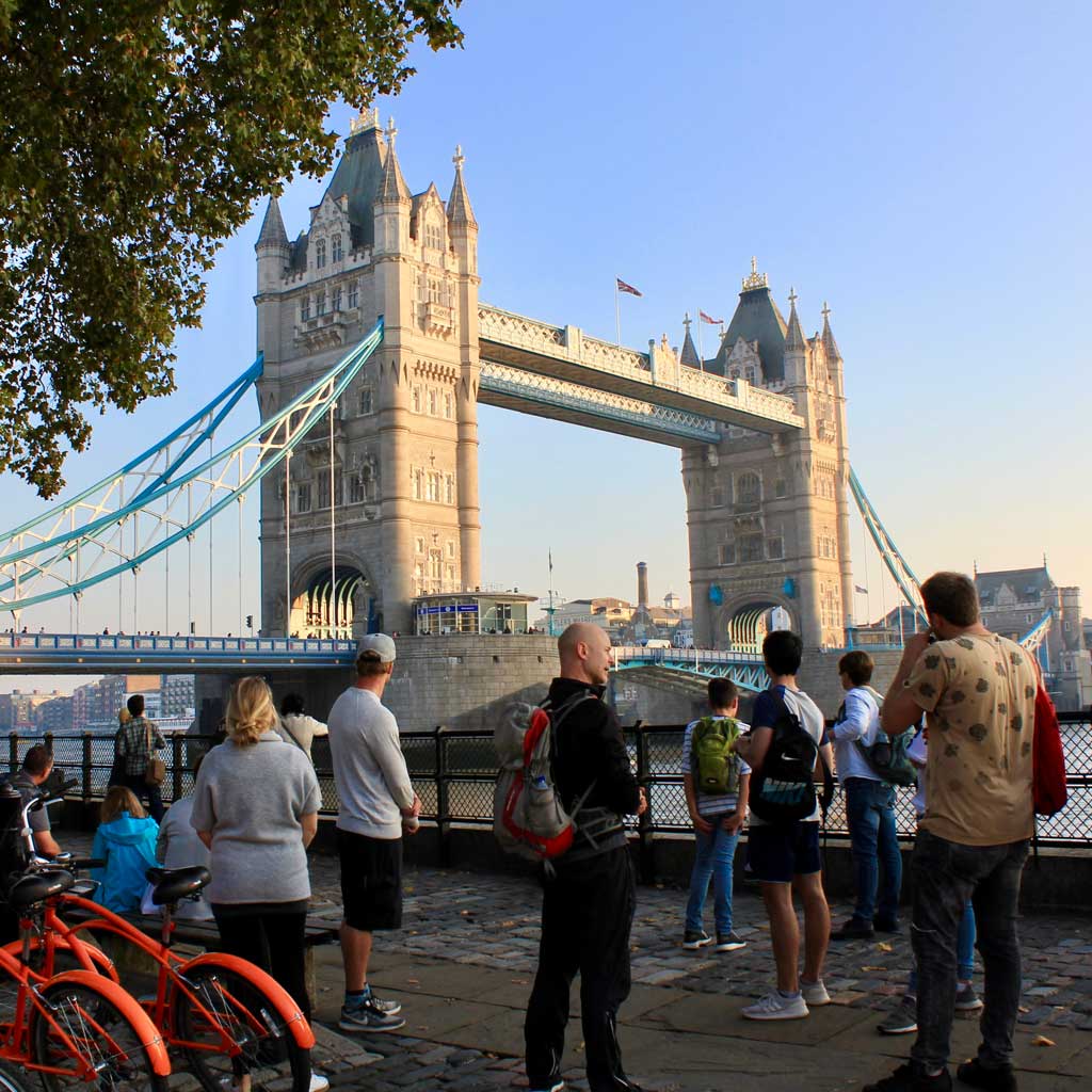 Crowds of visitors on Tower Bridge, London